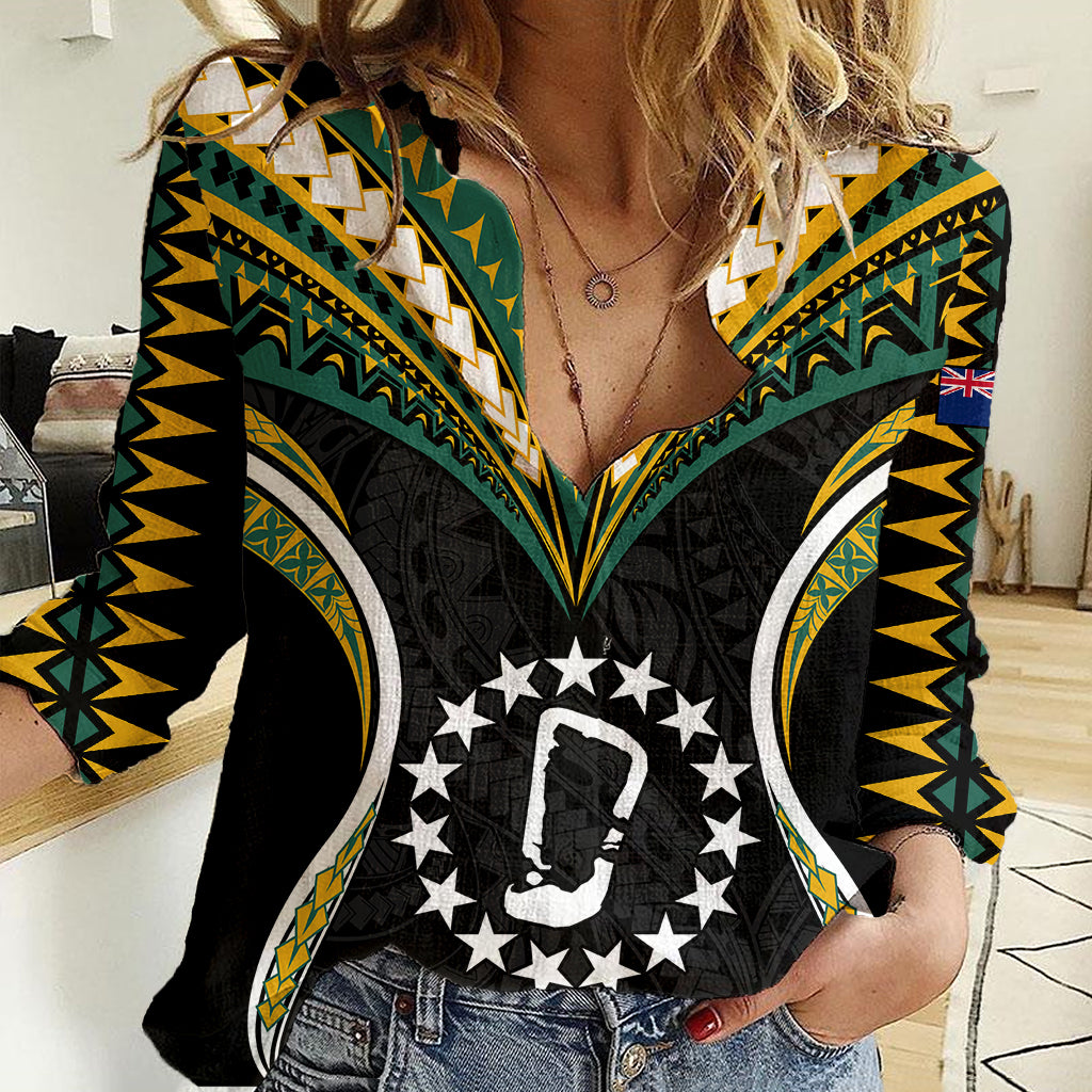 Polynesian Pride Rakahanga Island Women Casual Shirt Cook Islands Tribal Wave Style LT9 Female Black - Polynesian Pride