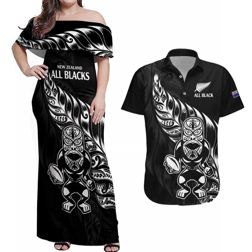 New Zealand Rugby Custom Couples Matching Off Shoulder Maxi Dress and Hawaiian Shirt Opango All Black Fern