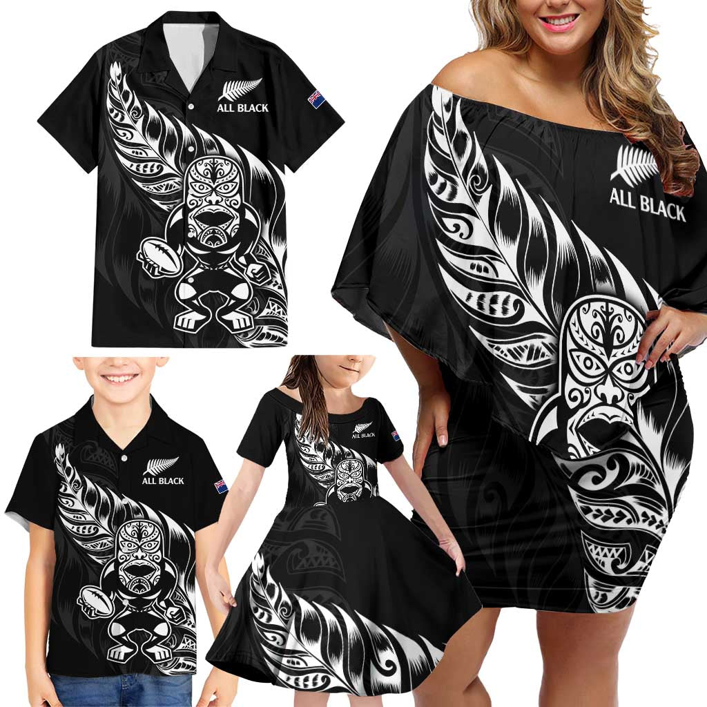 New Zealand Rugby Custom Family Matching Off Shoulder Short Dress and Hawaiian Shirt Opango All Black Fern