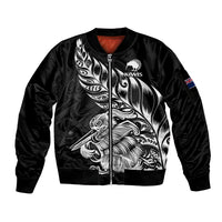(Custom Text And Number) New Zealand Kiwi Rugby Sleeve Zip Bomber Jacket LT9 Unisex Black - Polynesian Pride