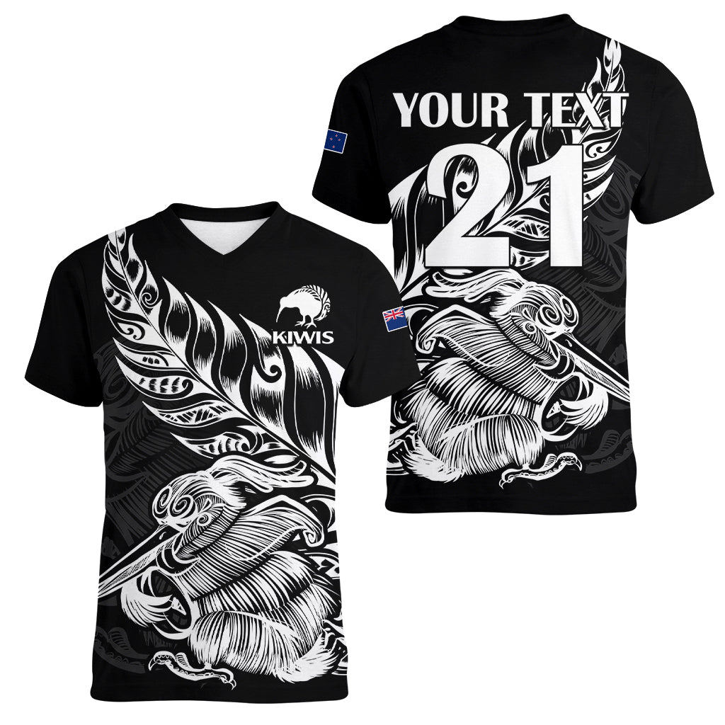 (Custom Text And Number) New Zealand Kiwi Rugby Women V Neck T Shirt LT9 - Polynesian Pride