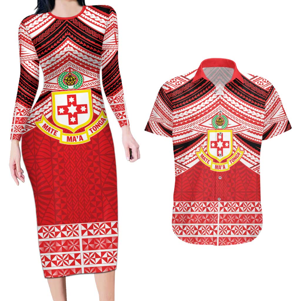 Personalised Kolisi Tonga College Atele Couples Matching Long Sleeve Bodycon Dress and Hawaiian Shirt Polynesian Ngatu Tribal LT9 Red - Polynesian Pride