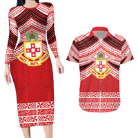 Personalised Kolisi Tonga College Atele Couples Matching Long Sleeve Bodycon Dress and Hawaiian Shirt Polynesian Ngatu Tribal LT9 Red - Polynesian Pride