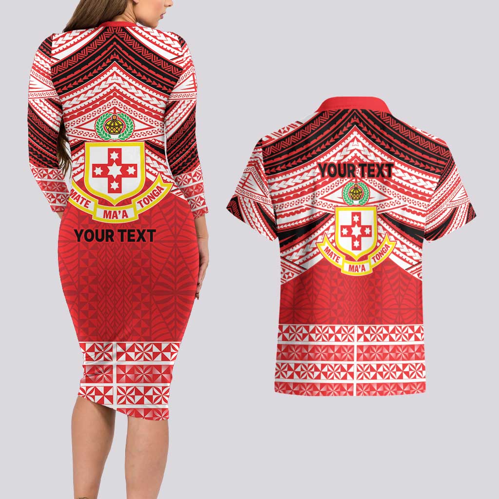 Personalised Kolisi Tonga College Atele Couples Matching Long Sleeve Bodycon Dress and Hawaiian Shirt Polynesian Ngatu Tribal LT9 - Polynesian Pride