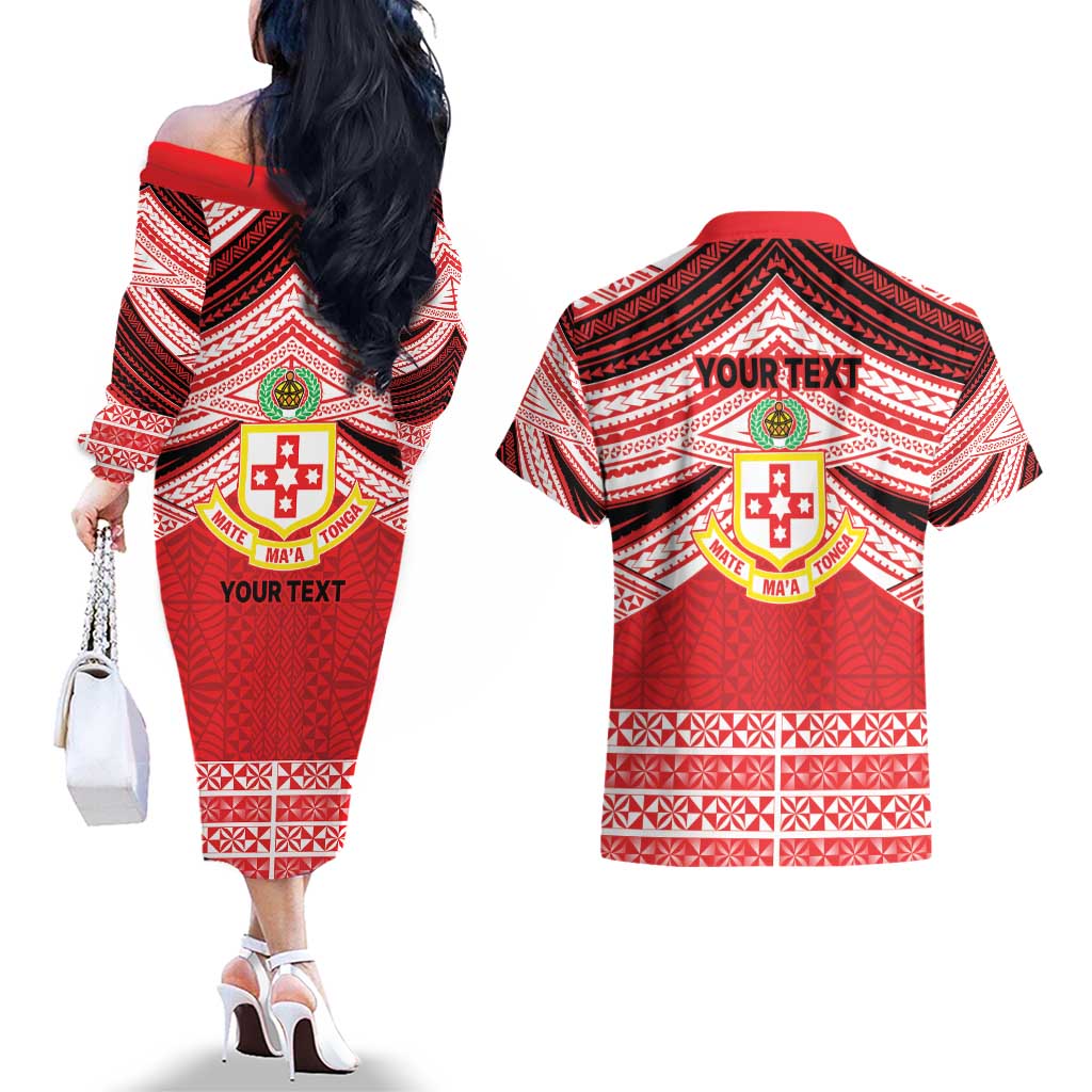 Personalised Kolisi Tonga College Atele Couples Matching Off The Shoulder Long Sleeve Dress and Hawaiian Shirt Polynesian Ngatu Tribal LT9 - Polynesian Pride