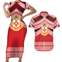 Personalised Kolisi Tonga College Atele Couples Matching Short Sleeve Bodycon Dress and Hawaiian Shirt Polynesian Ngatu Tribal LT9 Red - Polynesian Pride