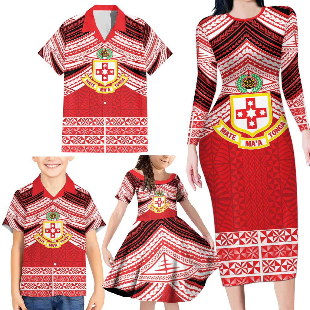 Personalised Kolisi Tonga College Atele Family Matching Long Sleeve Bodycon Dress and Hawaiian Shirt Polynesian Ngatu Tribal