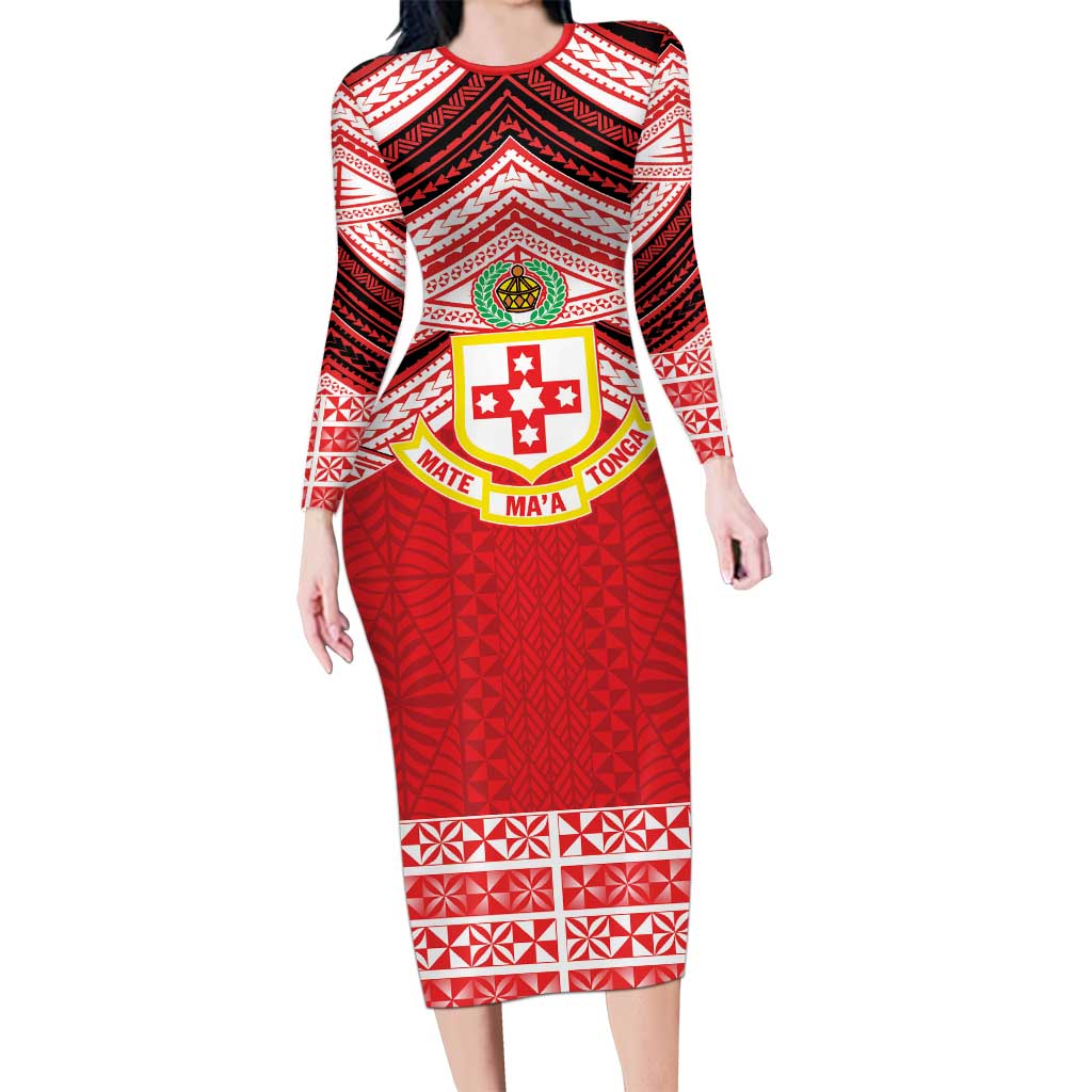 Personalised Kolisi Tonga College Atele Family Matching Long Sleeve Bodycon Dress and Hawaiian Shirt Polynesian Ngatu Tribal LT9 Mom's Dress Red - Polynesian Pride