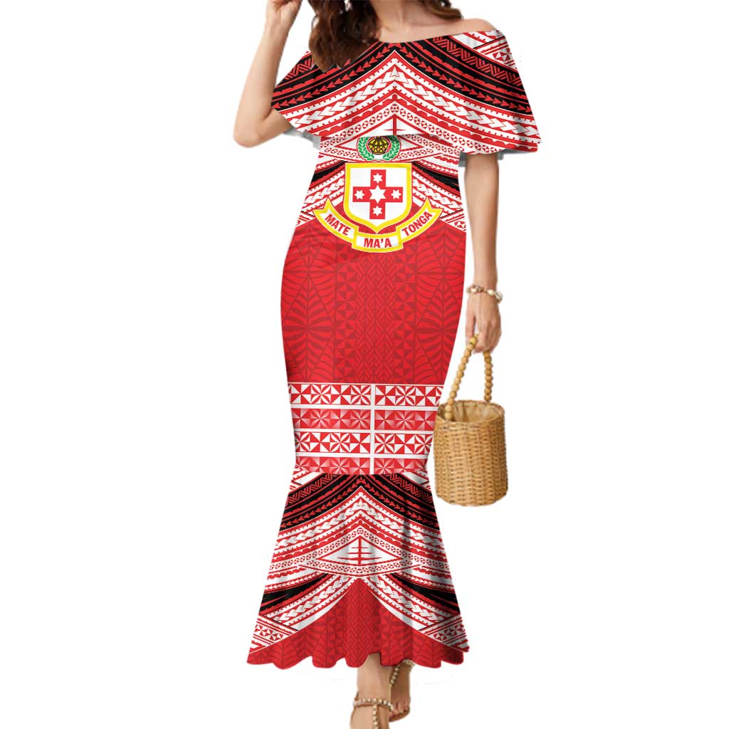 Personalised Kolisi Tonga College Atele Family Matching Mermaid Dress and Hawaiian Shirt Polynesian Ngatu Tribal LT9 Mom's Dress Red - Polynesian Pride