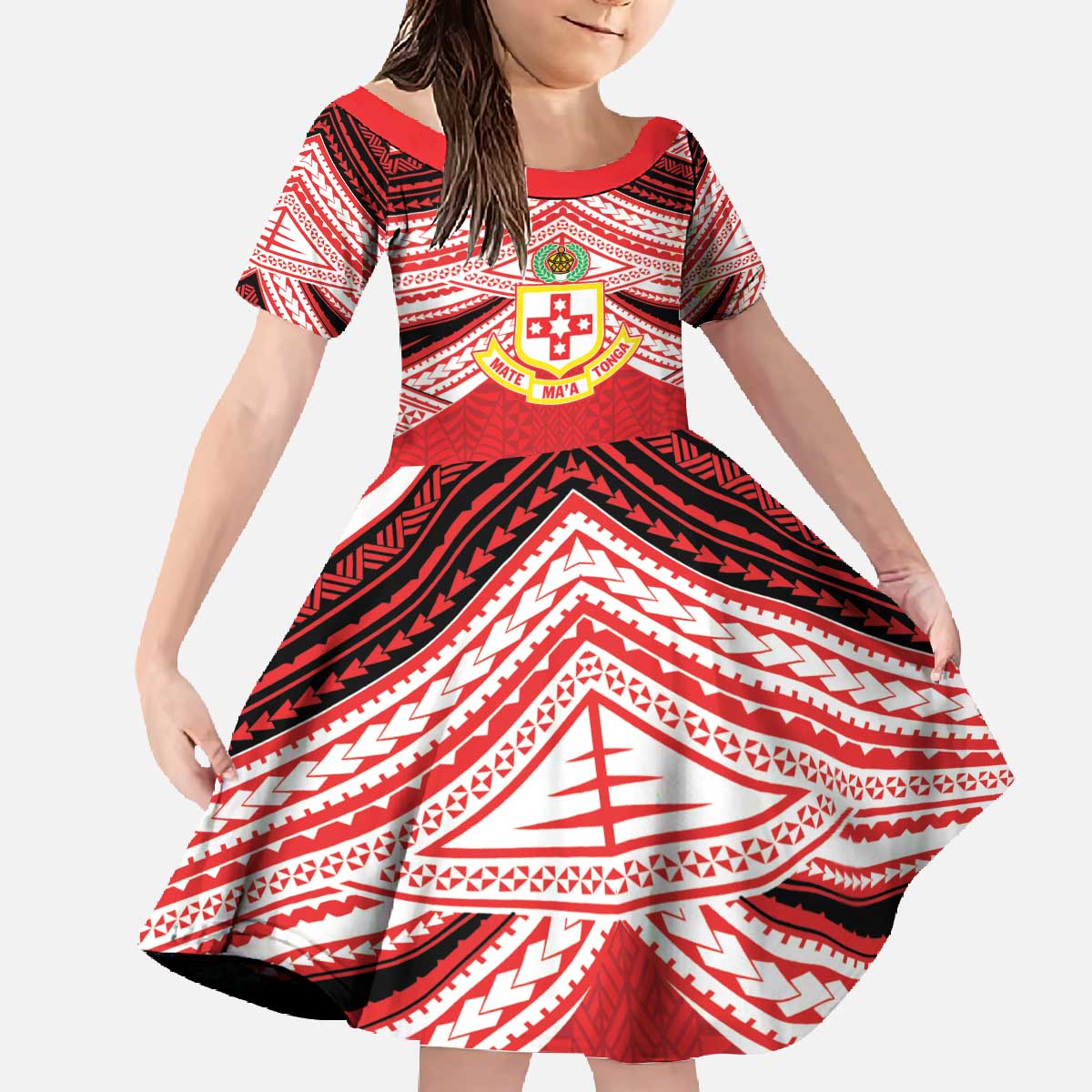 Personalised Kolisi Tonga College Atele Family Matching Off The Shoulder Long Sleeve Dress and Hawaiian Shirt Polynesian Ngatu Tribal LT9 Daughter's Dress Red - Polynesian Pride