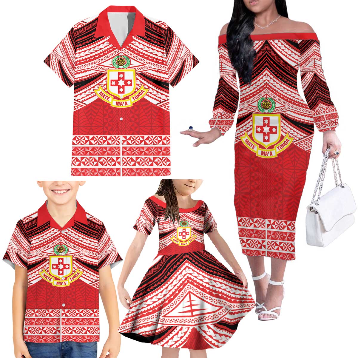 Personalised Kolisi Tonga College Atele Family Matching Off The Shoulder Long Sleeve Dress and Hawaiian Shirt Polynesian Ngatu Tribal LT9 - Polynesian Pride