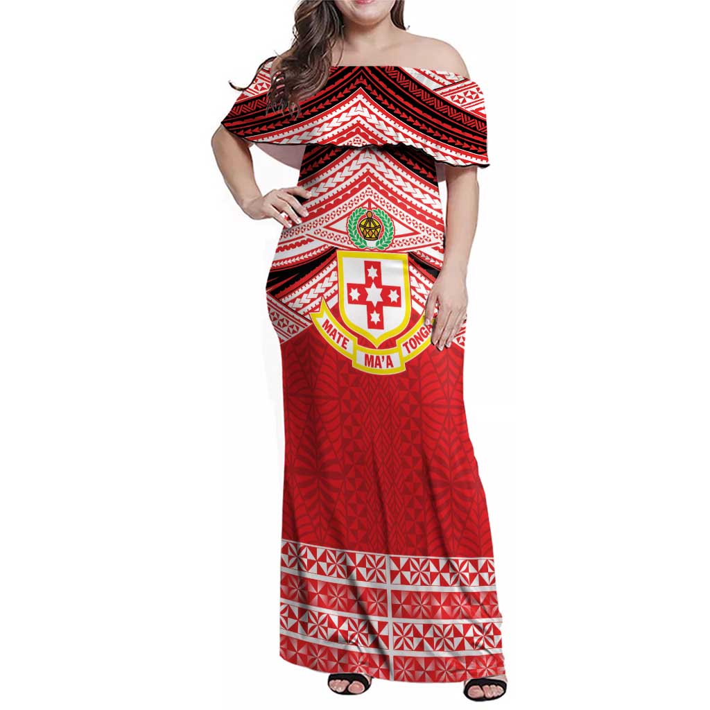 Personalised Kolisi Tonga College Atele Family Matching Off Shoulder Maxi Dress and Hawaiian Shirt Polynesian Ngatu Tribal LT9 Mom's Dress Red - Polynesian Pride