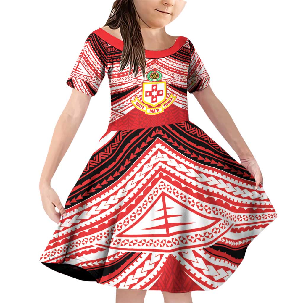 Personalised Kolisi Tonga College Atele Family Matching Off Shoulder Short Dress and Hawaiian Shirt Polynesian Ngatu Tribal LT9 Daughter's Dress Red - Polynesian Pride