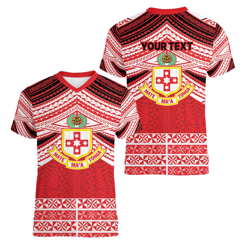 Personalised Kolisi Tonga College Atele Women V-Neck T-Shirt Polynesian Ngatu Tribal