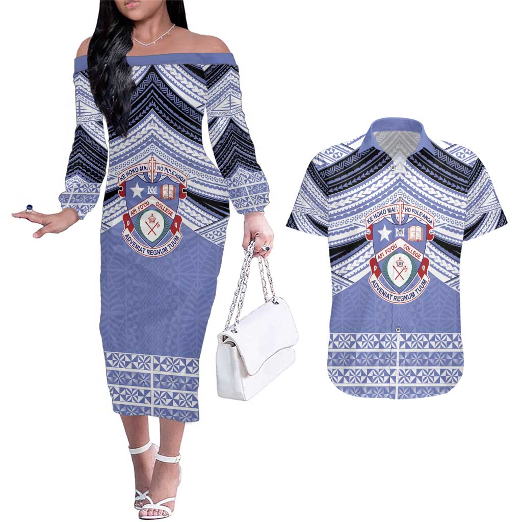 Personalised Tonga Apifoou College Couples Matching Off The Shoulder Long Sleeve Dress and Hawaiian Shirt Polynesian Ngatu Tribal LT9 Blue - Polynesian Pride