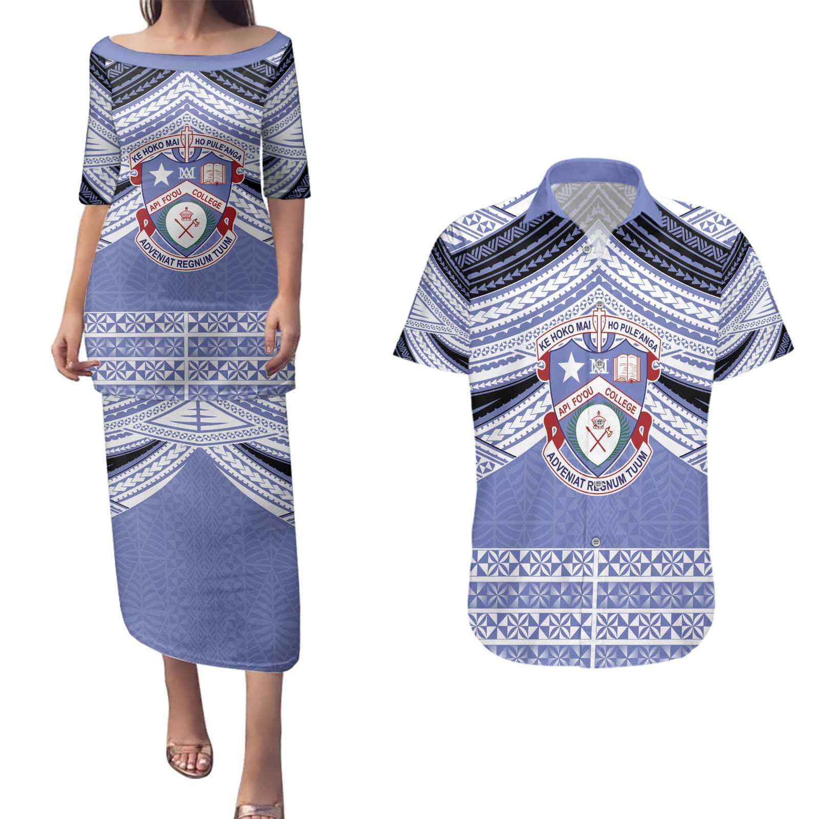 Personalised Tonga Apifoou College Couples Matching Puletasi and Hawaiian Shirt Polynesian Ngatu Tribal