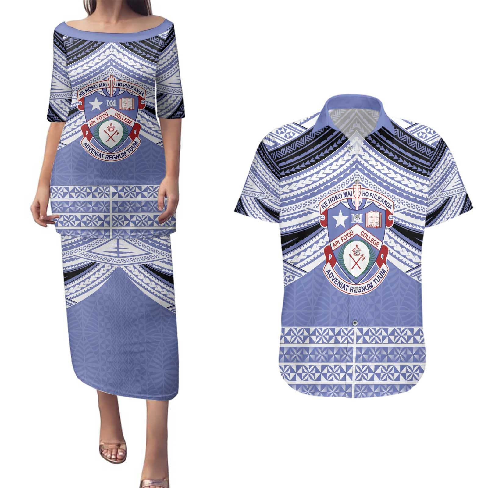 Personalised Tonga Apifoou College Couples Matching Puletasi and Hawaiian Shirt Polynesian Ngatu Tribal