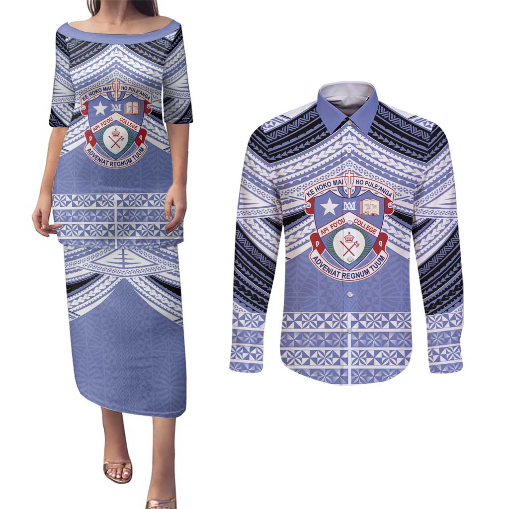 Personalised Tonga Apifoou College Couples Matching Puletasi and Long Sleeve Button Shirt Polynesian Ngatu Tribal