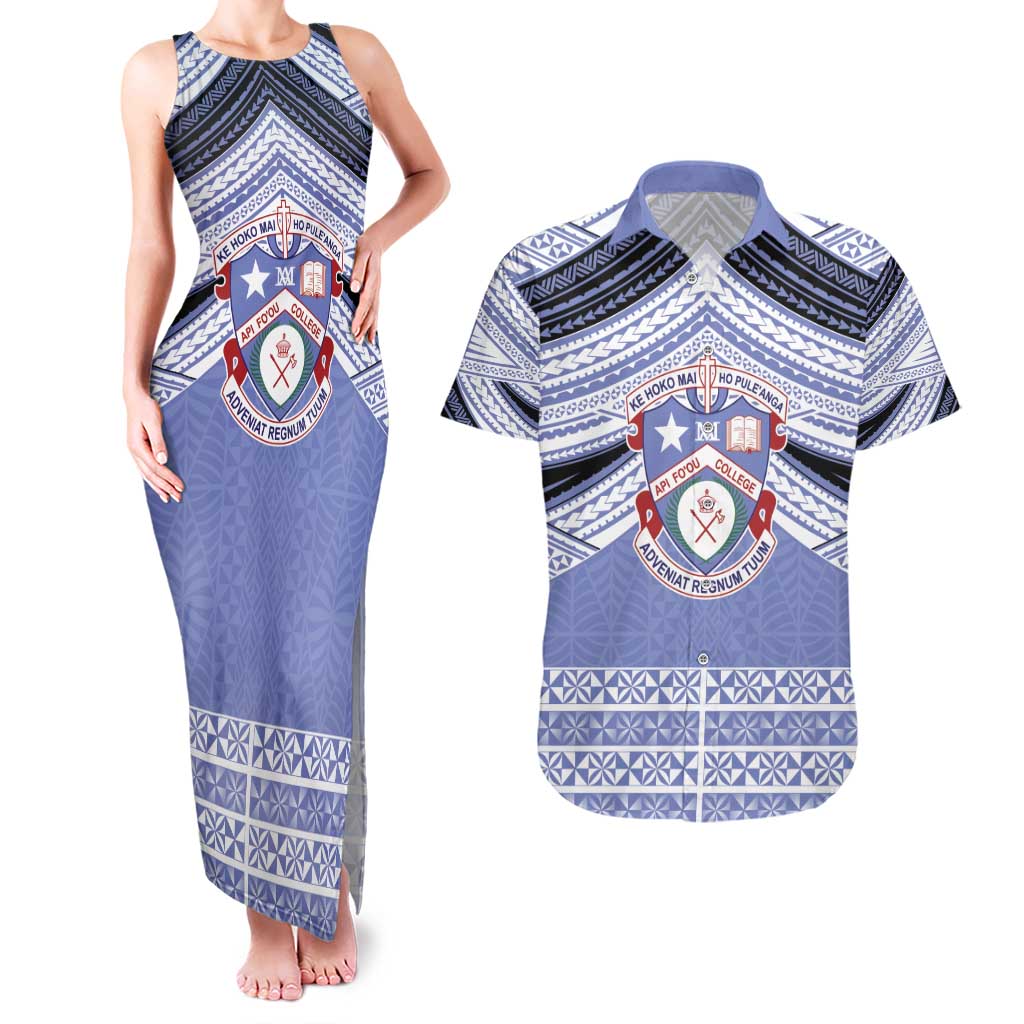 Personalised Tonga Apifoou College Couples Matching Tank Maxi Dress and Hawaiian Shirt Polynesian Ngatu Tribal