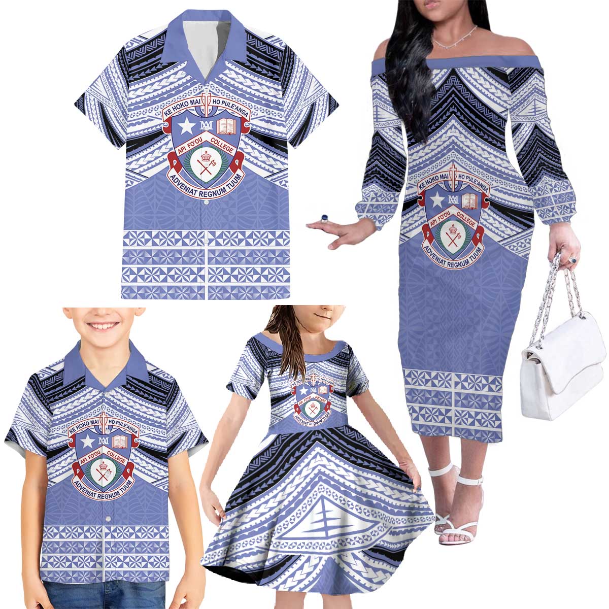 Personalised Tonga Apifoou College Family Matching Off The Shoulder Long Sleeve Dress and Hawaiian Shirt Polynesian Ngatu Tribal LT9 - Polynesian Pride