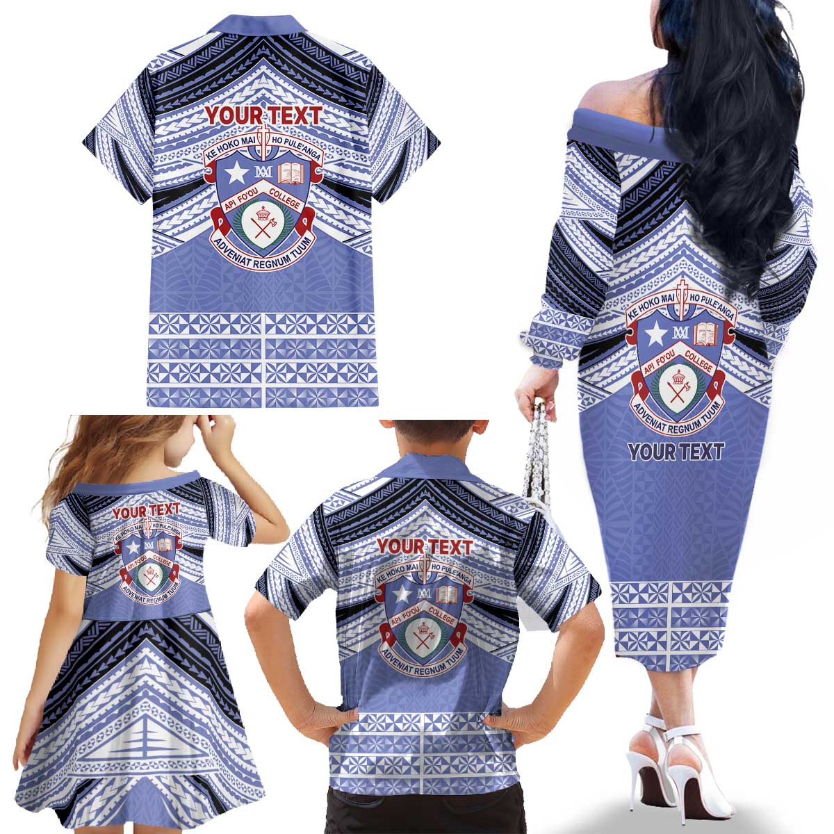 Personalised Tonga Apifoou College Family Matching Off The Shoulder Long Sleeve Dress and Hawaiian Shirt Polynesian Ngatu Tribal LT9 - Polynesian Pride