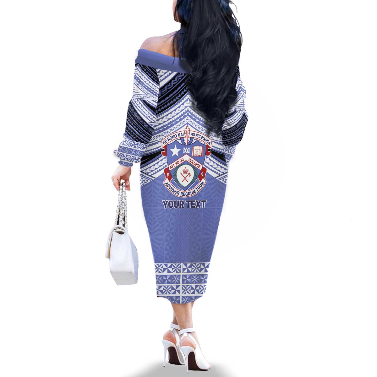 Personalised Tonga Apifoou College Family Matching Off The Shoulder Long Sleeve Dress and Hawaiian Shirt Polynesian Ngatu Tribal LT9 - Polynesian Pride
