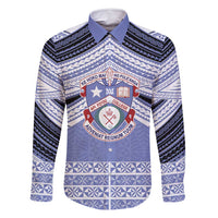Personalised Tonga Apifoou College Family Matching Off Shoulder Maxi Dress and Hawaiian Shirt Polynesian Ngatu Tribal LT9 Dad's Shirt - Long Sleeve Blue - Polynesian Pride
