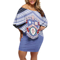 Personalised Tonga Apifoou College Family Matching Off Shoulder Short Dress and Hawaiian Shirt Polynesian Ngatu Tribal LT9 Mom's Dress Blue - Polynesian Pride