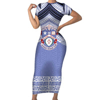 Personalised Tonga Apifoou College Family Matching Short Sleeve Bodycon Dress and Hawaiian Shirt Polynesian Ngatu Tribal LT9 Mom's Dress Blue - Polynesian Pride