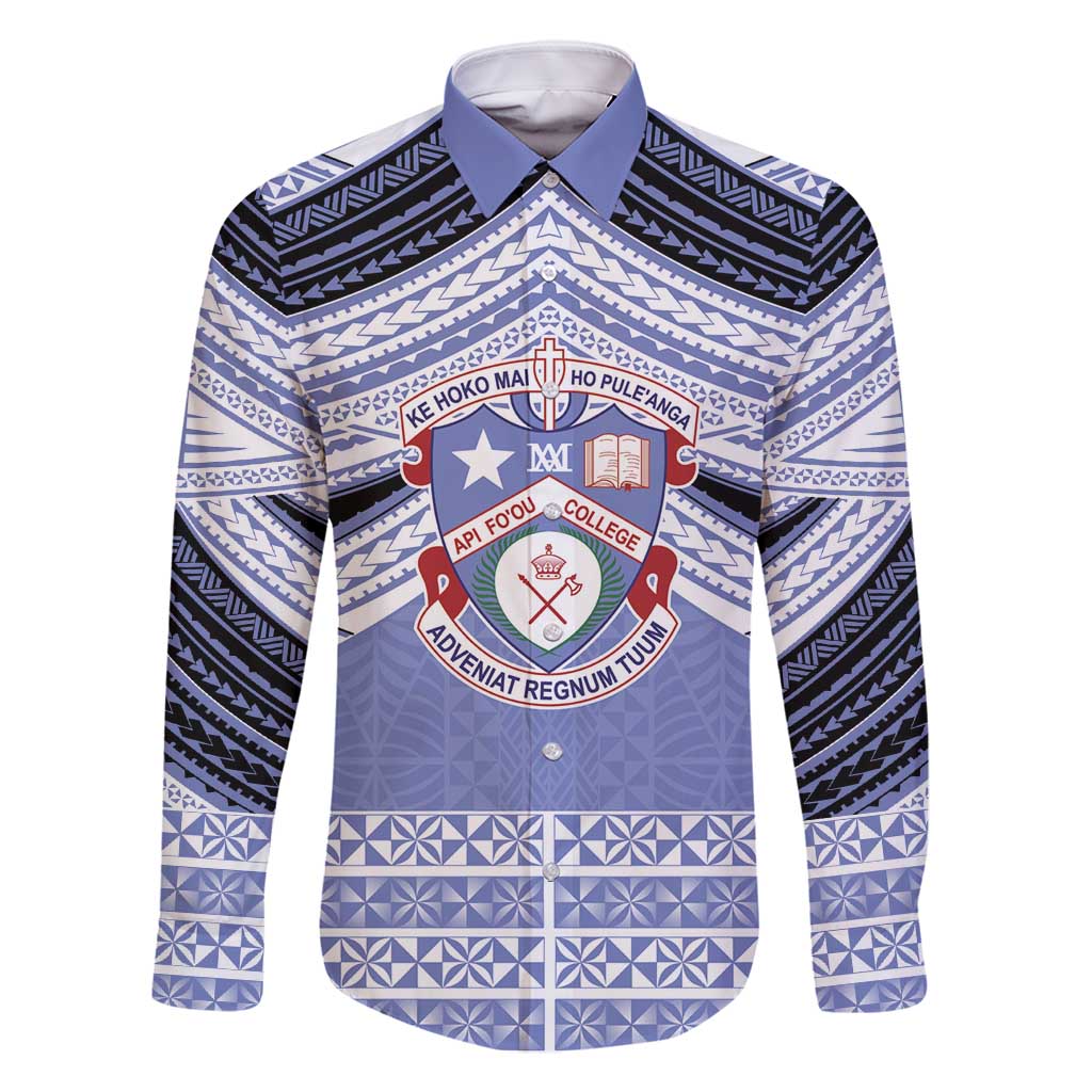 Personalised Tonga Apifoou College Family Matching Summer Maxi Dress and Hawaiian Shirt Polynesian Ngatu Tribal LT9 Dad's Shirt - Long Sleeve Blue - Polynesian Pride