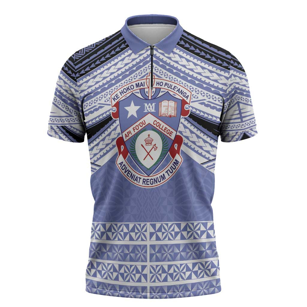 Personalised Tonga Apifoou College Zipper Polo Shirt Polynesian Ngatu Tribal - Polynesian Pride