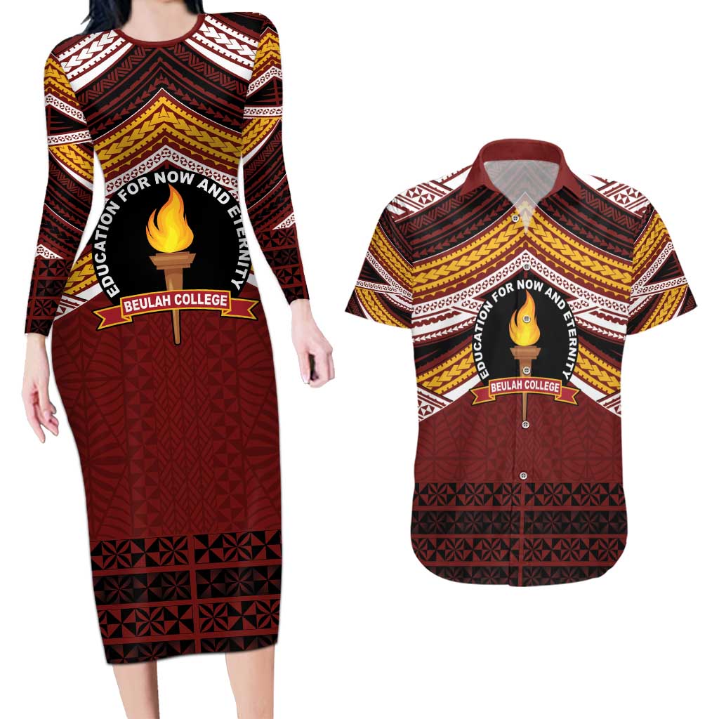 Personalised Tonga Beulah College Couples Matching Long Sleeve Bodycon Dress and Hawaiian Shirt Polynesian Ngatu Tribal LT9 Red - Polynesian Pride