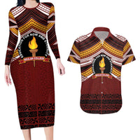 Personalised Tonga Beulah College Couples Matching Long Sleeve Bodycon Dress and Hawaiian Shirt Polynesian Ngatu Tribal LT9 Red - Polynesian Pride