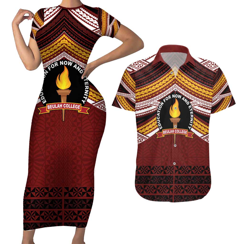Personalised Tonga Beulah College Couples Matching Short Sleeve Bodycon Dress and Hawaiian Shirt Polynesian Ngatu Tribal LT9 Red - Polynesian Pride