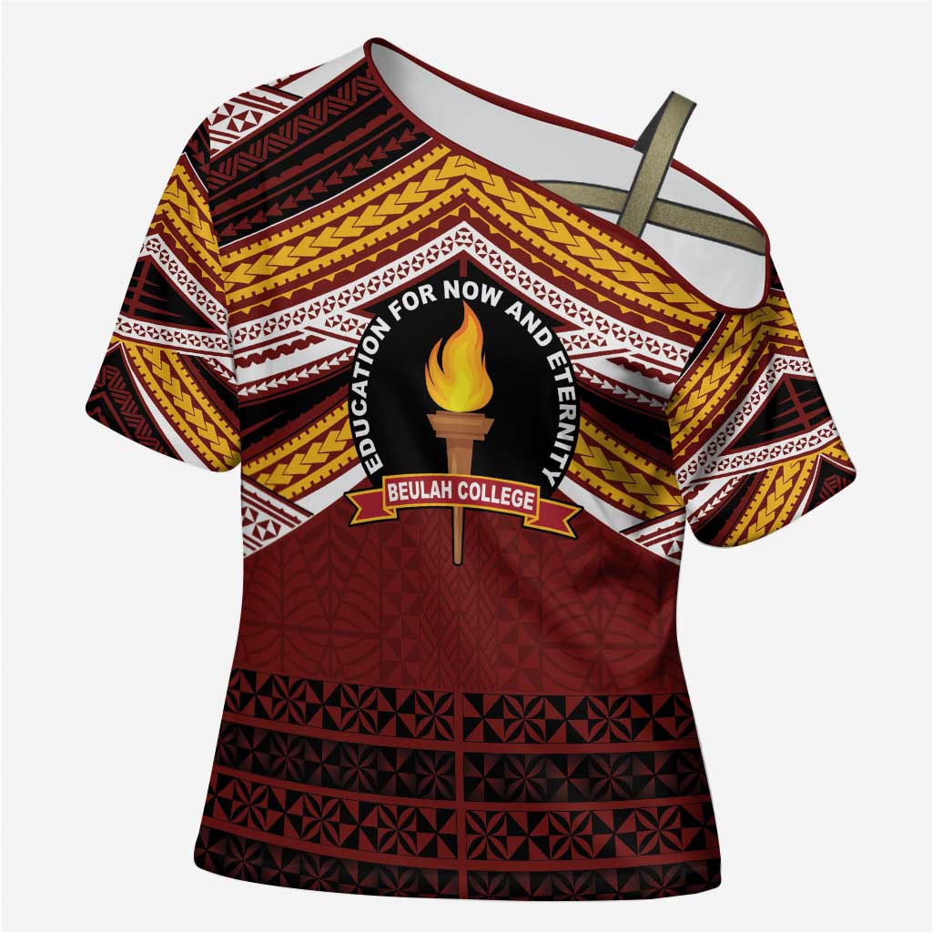 Personalised Tonga Beulah College Cross Shoulder Shirt Polynesian Ngatu Tribal - Polynesian Pride