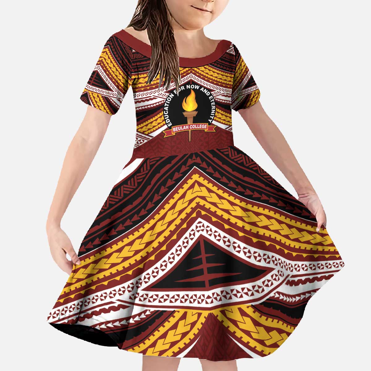 Personalised Tonga Beulah College Family Matching Off The Shoulder Long Sleeve Dress and Hawaiian Shirt Polynesian Ngatu Tribal LT9 Daughter's Dress Red - Polynesian Pride