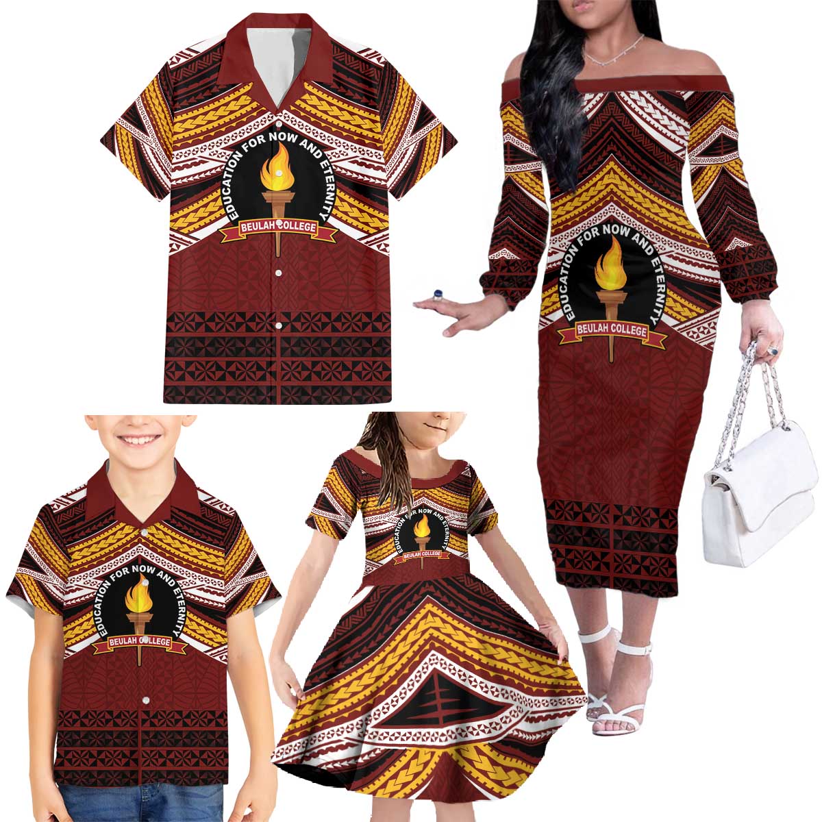 Personalised Tonga Beulah College Family Matching Off The Shoulder Long Sleeve Dress and Hawaiian Shirt Polynesian Ngatu Tribal LT9 - Polynesian Pride