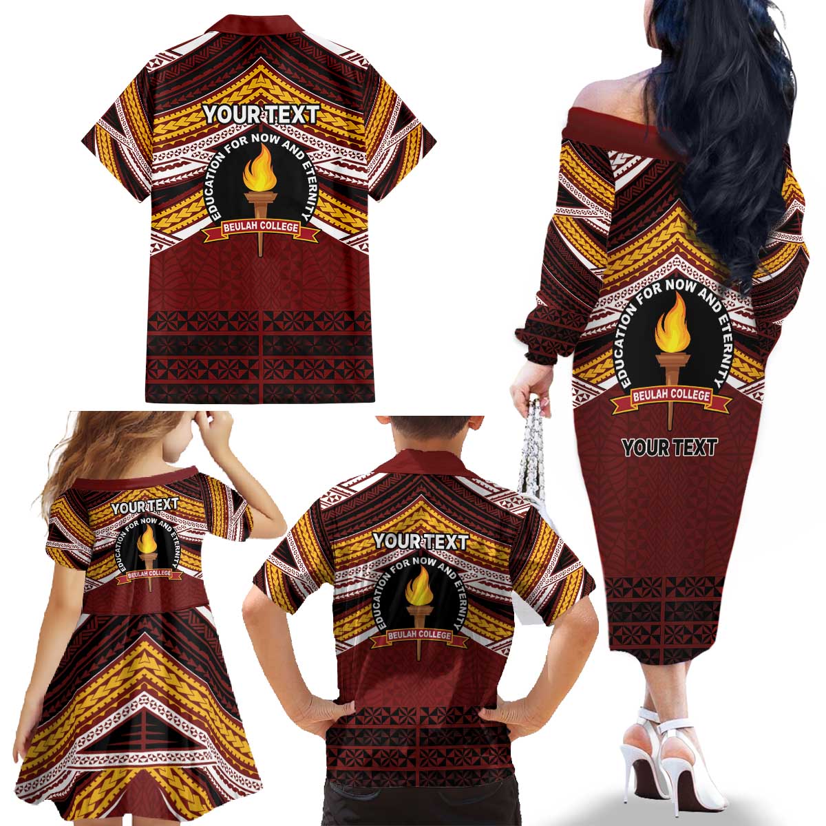 Personalised Tonga Beulah College Family Matching Off The Shoulder Long Sleeve Dress and Hawaiian Shirt Polynesian Ngatu Tribal LT9 - Polynesian Pride