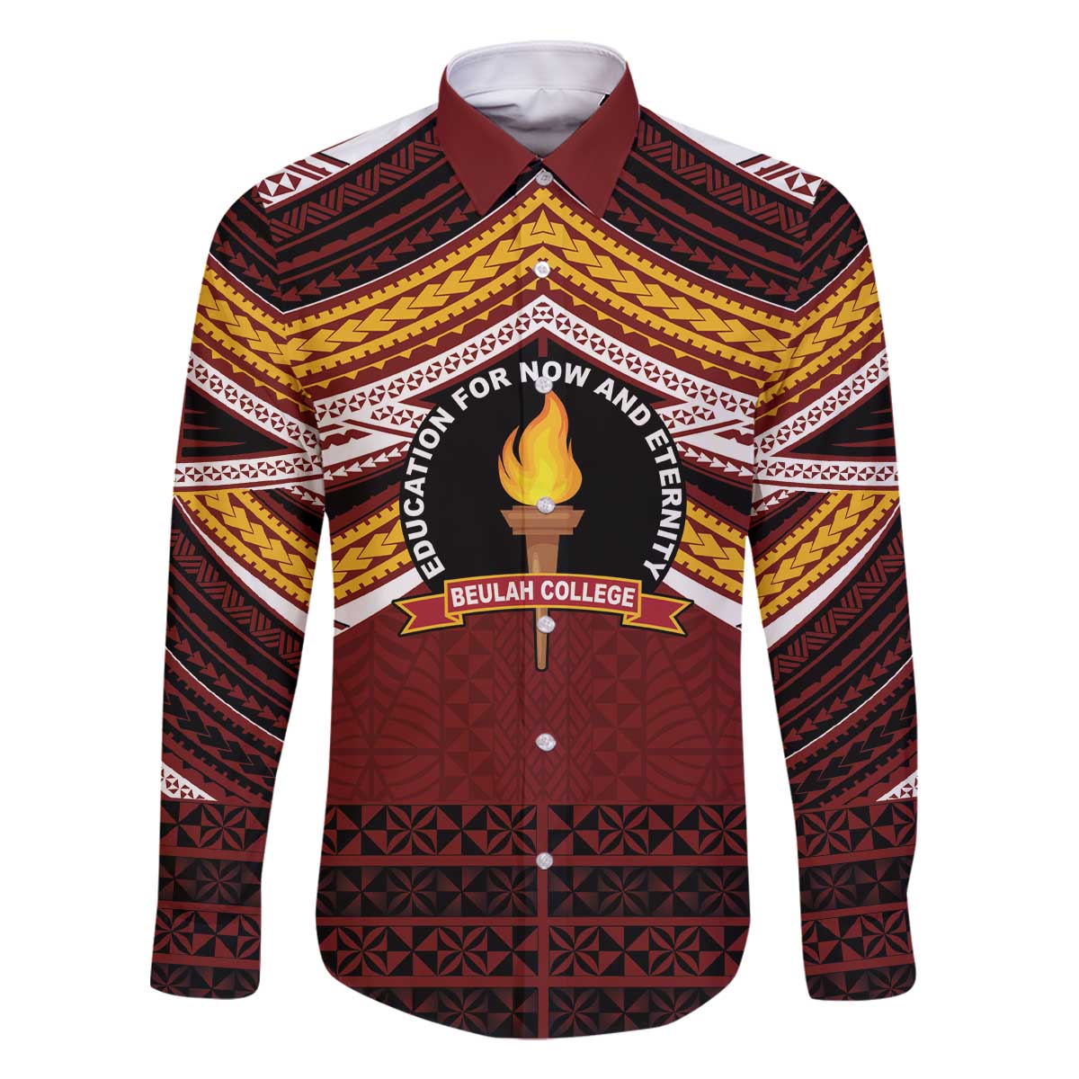 Personalised Tonga Beulah College Family Matching Off The Shoulder Long Sleeve Dress and Hawaiian Shirt Polynesian Ngatu Tribal LT9 Dad's Shirt - Long Sleeve Red - Polynesian Pride
