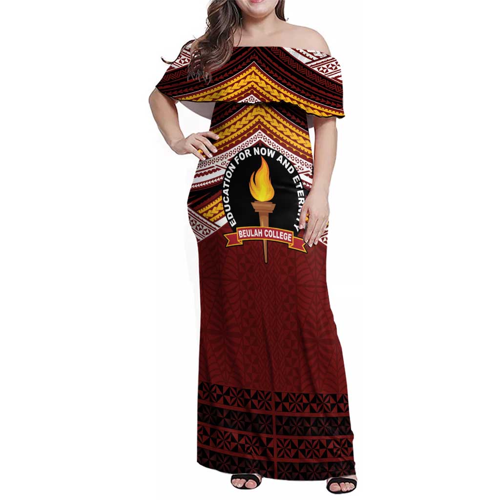 Personalised Tonga Beulah College Family Matching Off Shoulder Maxi Dress and Hawaiian Shirt Polynesian Ngatu Tribal LT9 Mom's Dress Red - Polynesian Pride