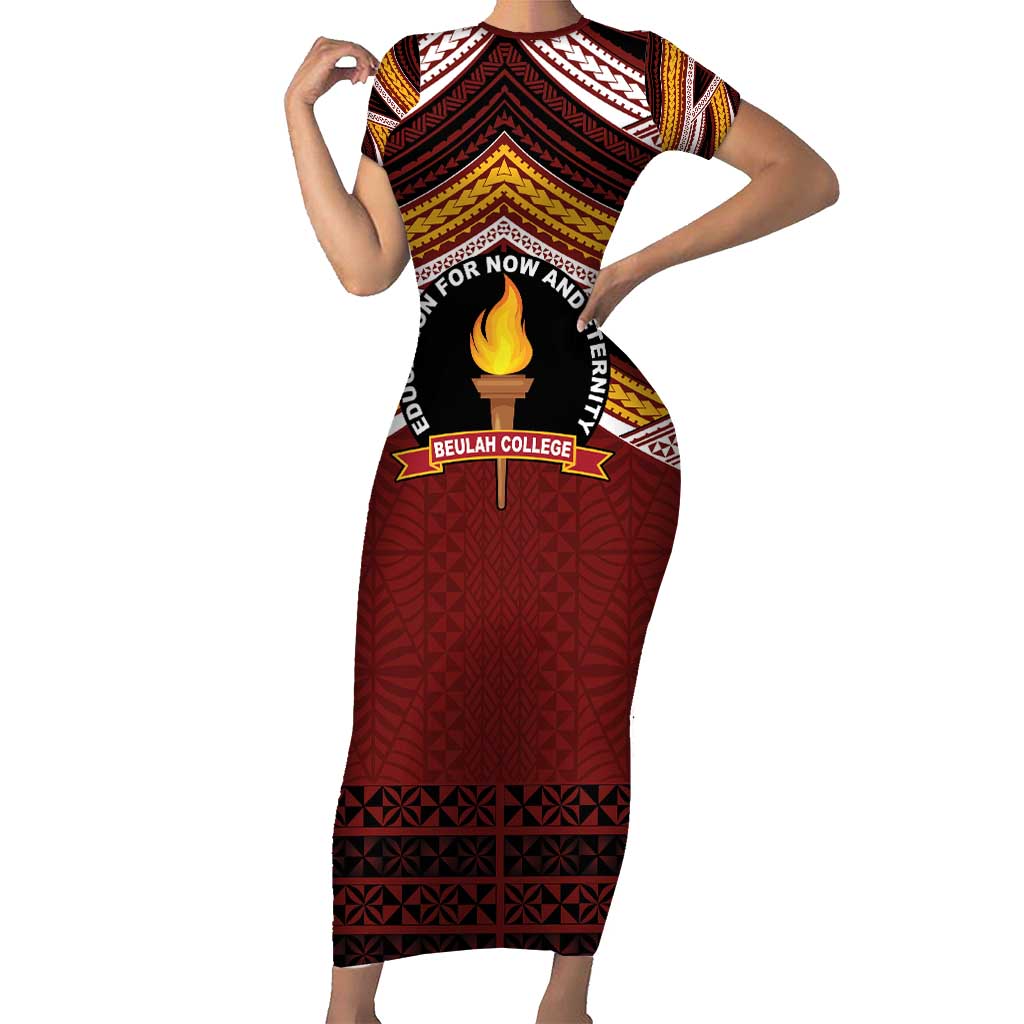 Personalised Tonga Beulah College Family Matching Short Sleeve Bodycon Dress and Hawaiian Shirt Polynesian Ngatu Tribal LT9 Mom's Dress Red - Polynesian Pride