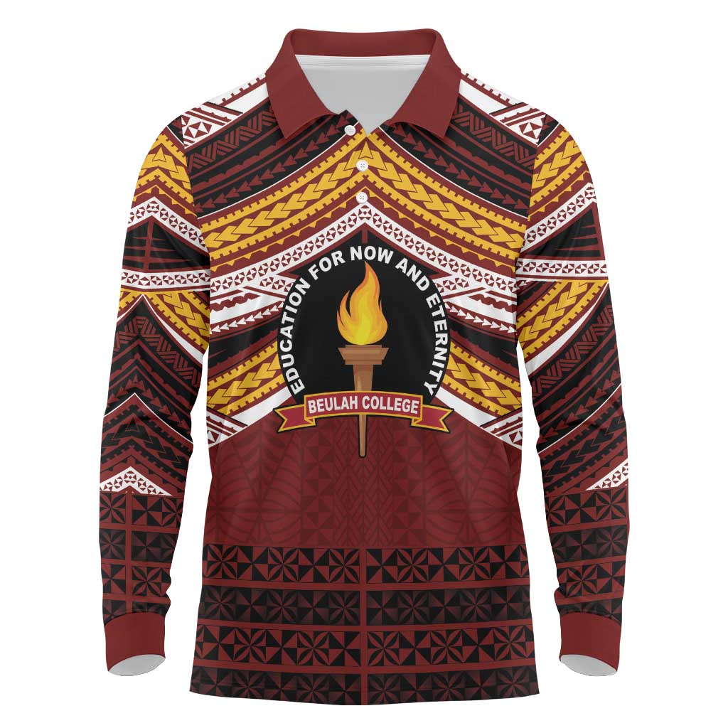 Personalised Tonga Beulah College Long Sleeve Polo Shirt Polynesian Ngatu Tribal