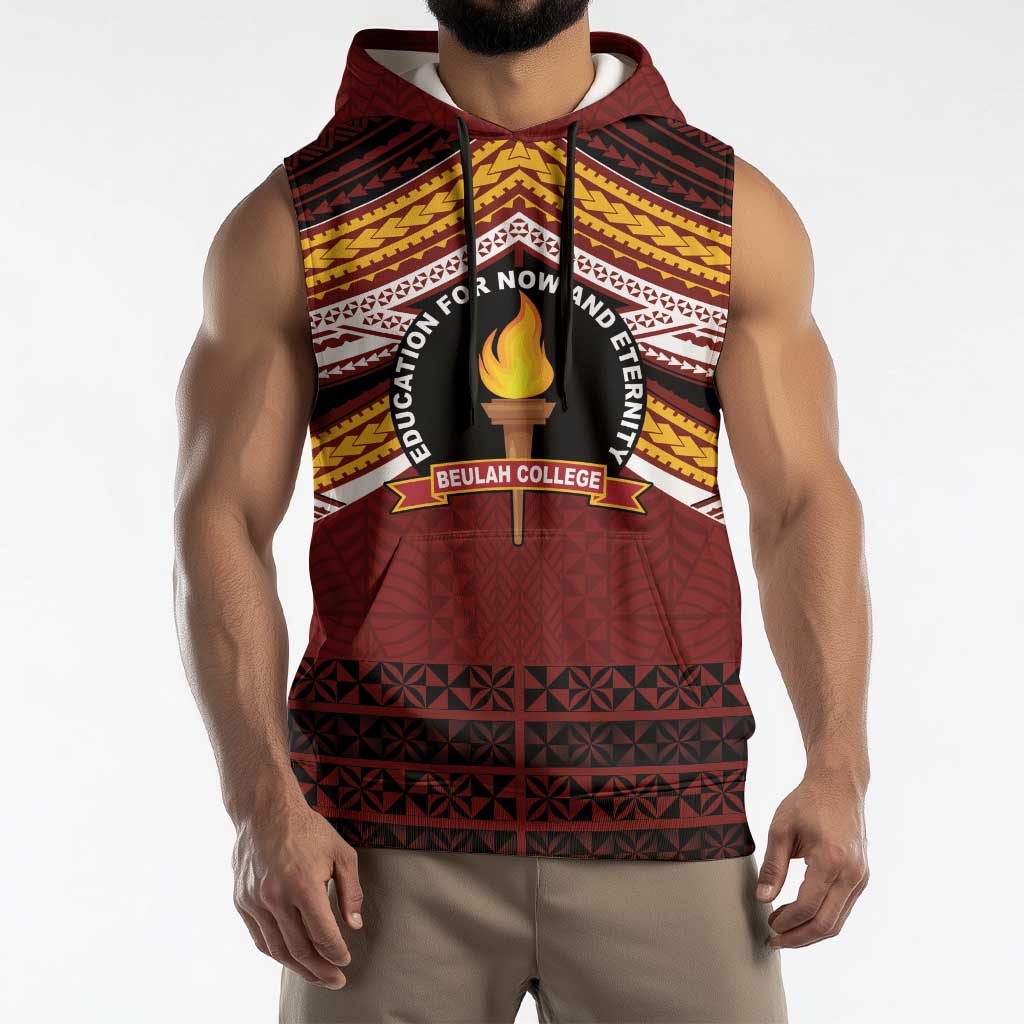 Personalised Tonga Beulah College Sleeveless Hoodie Polynesian Ngatu Tribal - Polynesian Pride