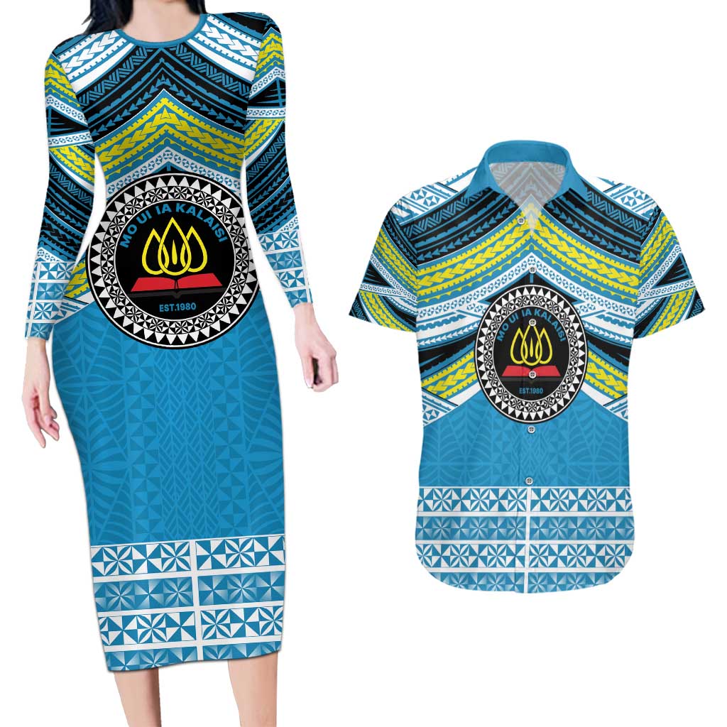 Personalised Tonga Lavengamalie College Couples Matching Long Sleeve Bodycon Dress and Hawaiian Shirt Polynesian Ngatu Tribal LT9 Blue - Polynesian Pride