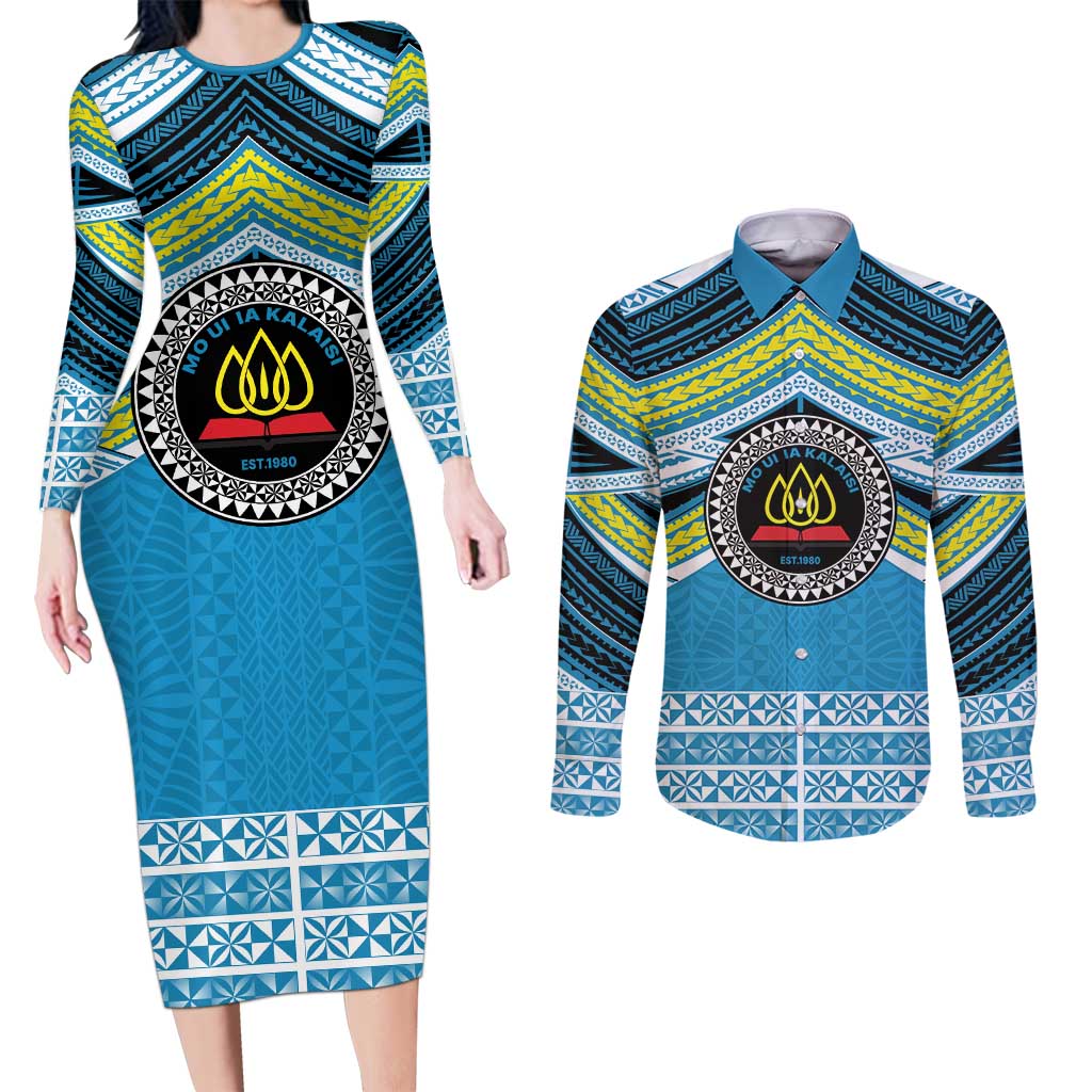 Personalised Tonga Lavengamalie College Couples Matching Long Sleeve Bodycon Dress and Long Sleeve Button Shirt Polynesian Ngatu Tribal LT9 Blue - Polynesian Pride
