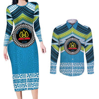 Personalised Tonga Lavengamalie College Couples Matching Long Sleeve Bodycon Dress and Long Sleeve Button Shirt Polynesian Ngatu Tribal LT9 Blue - Polynesian Pride