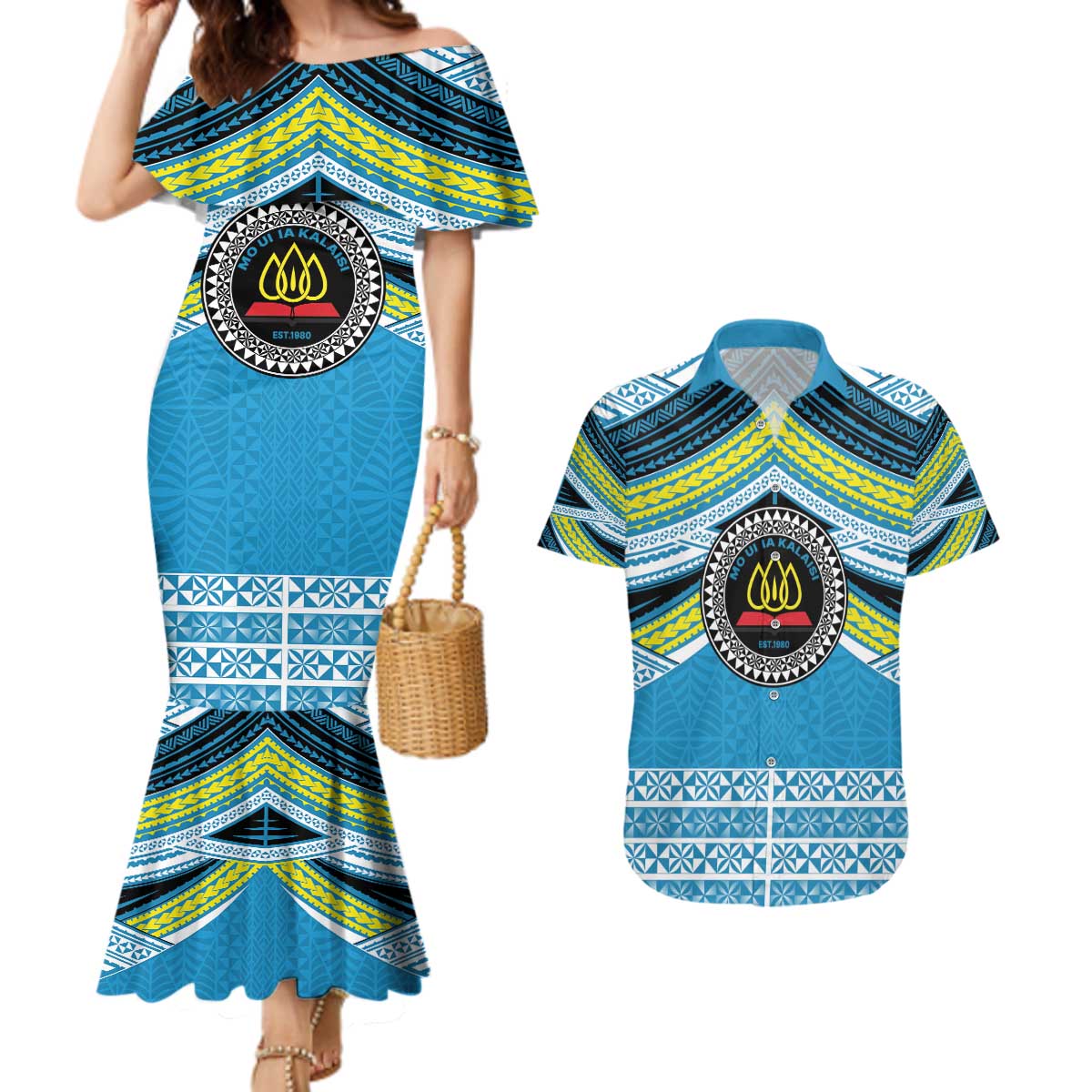 Personalised Tonga Lavengamalie College Couples Matching Mermaid Dress and Hawaiian Shirt Polynesian Ngatu Tribal