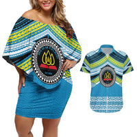 Personalised Tonga Lavengamalie College Couples Matching Off Shoulder Short Dress and Hawaiian Shirt Polynesian Ngatu Tribal LT9 Blue - Polynesian Pride