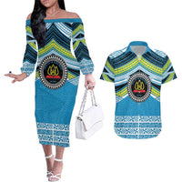 Personalised Tonga Lavengamalie College Couples Matching Off The Shoulder Long Sleeve Dress and Hawaiian Shirt Polynesian Ngatu Tribal LT9 Blue - Polynesian Pride