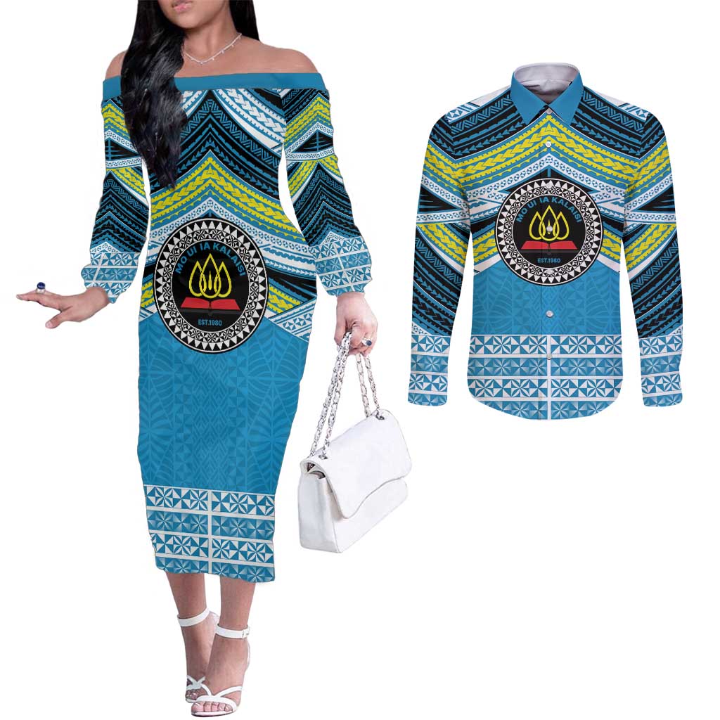 Personalised Tonga Lavengamalie College Couples Matching Off The Shoulder Long Sleeve Dress and Long Sleeve Button Shirt Polynesian Ngatu Tribal LT9 Blue - Polynesian Pride